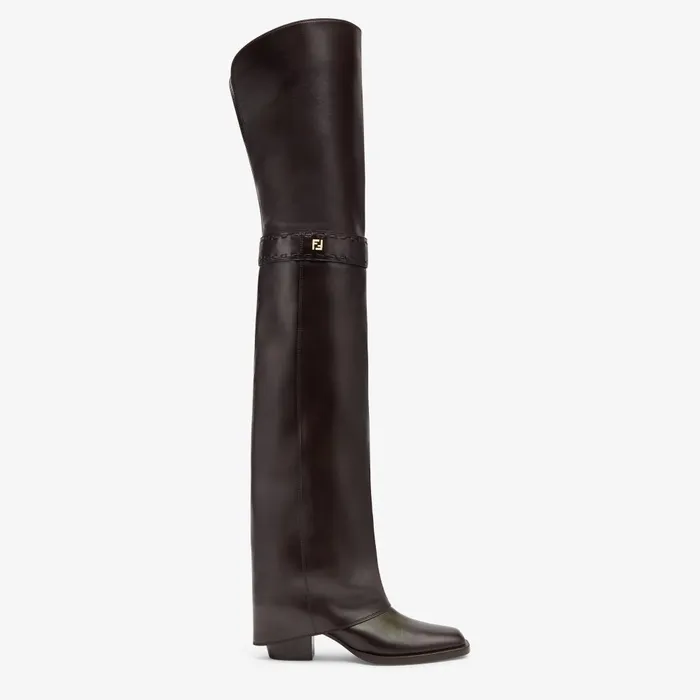 Fendi Boots and Ankle Boots Fendi Show Burgundy Leather Mediumheeled Thighhigh Boots 8211 Women