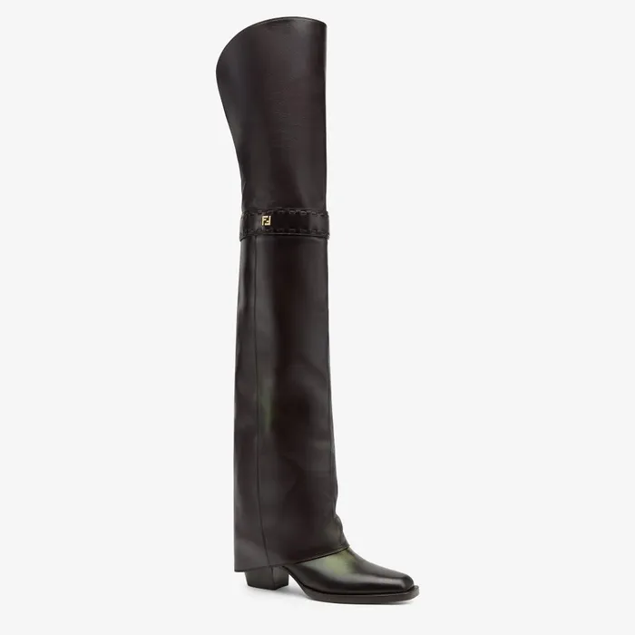 Fendi Boots and Ankle Boots Fendi Show Burgundy Leather Mediumheeled Thighhigh Boots 8211 Women