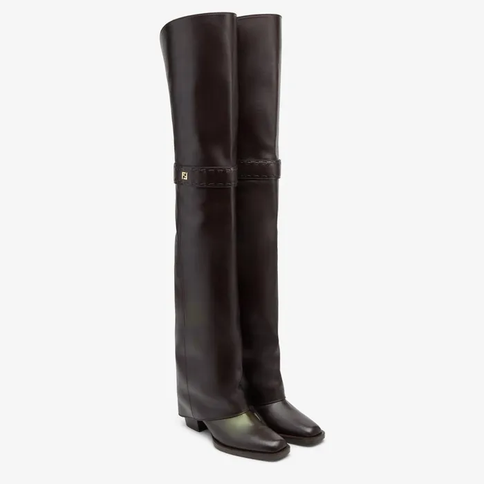 Fendi Boots and Ankle Boots Fendi Show Burgundy Leather Mediumheeled Thighhigh Boots 8211 Women