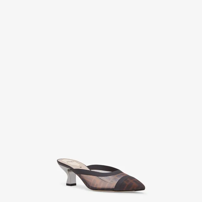 Fendi Colibr Colibr Black Leather And Brown Mesh Medium Heel Sabots 8211 Women