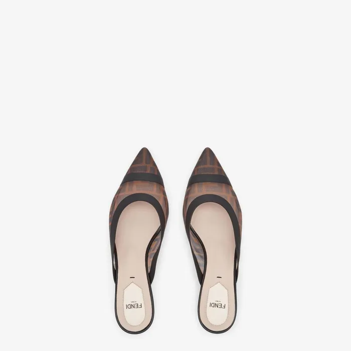 Fendi Colibr Colibr Black Leather And Brown Mesh Medium Heel Sabots 8211 Women