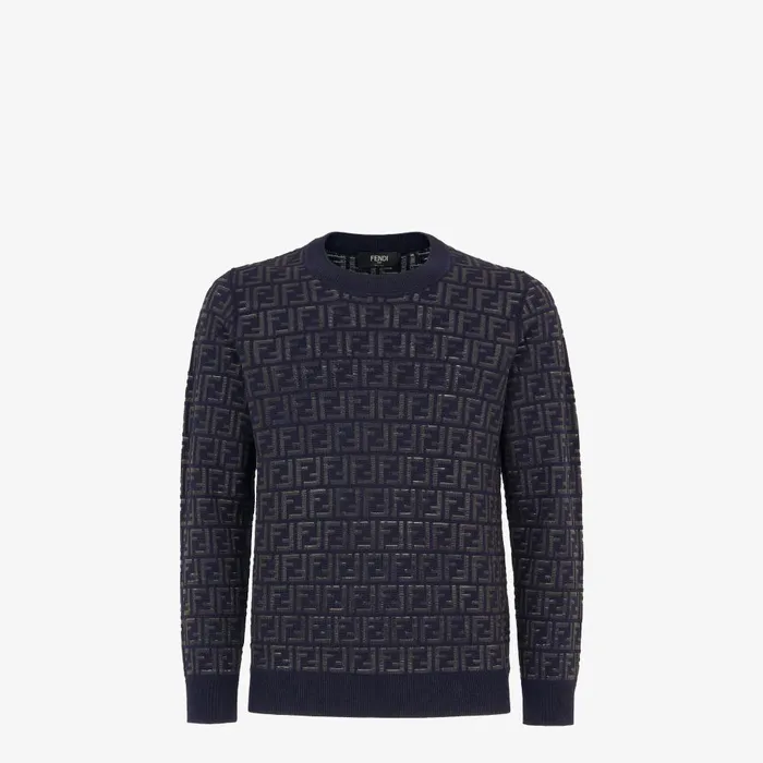 Fendi Knitwear Sweater Blue Wool And FF Nylon Pullover 8211 Men