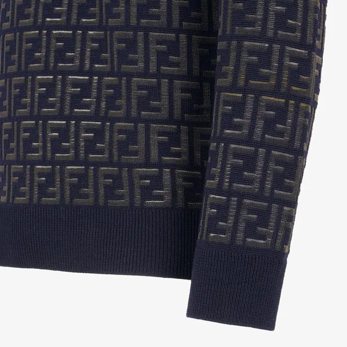 Fendi Knitwear Sweater Blue Wool And FF Nylon Pullover 8211 Men