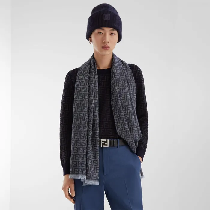 Fendi Knitwear Sweater Blue Wool And FF Nylon Pullover 8211 Men