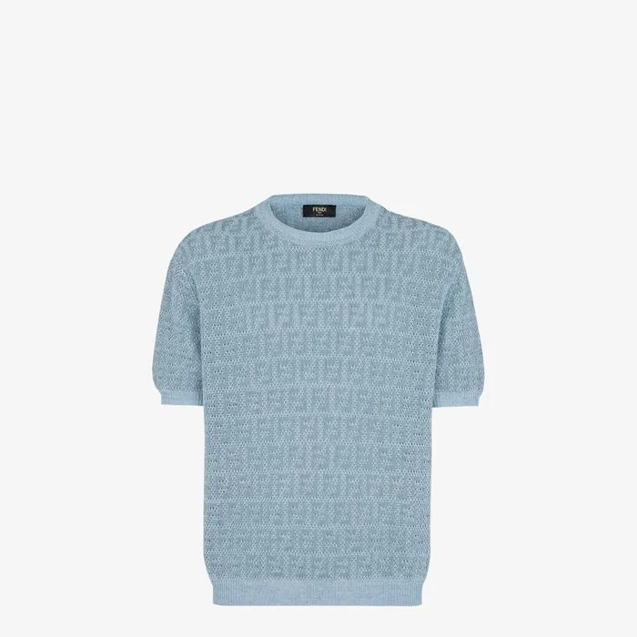 Fendi Knitwear Sweater Light Blue Linen Cotton And Silk Jumper 8211 Men