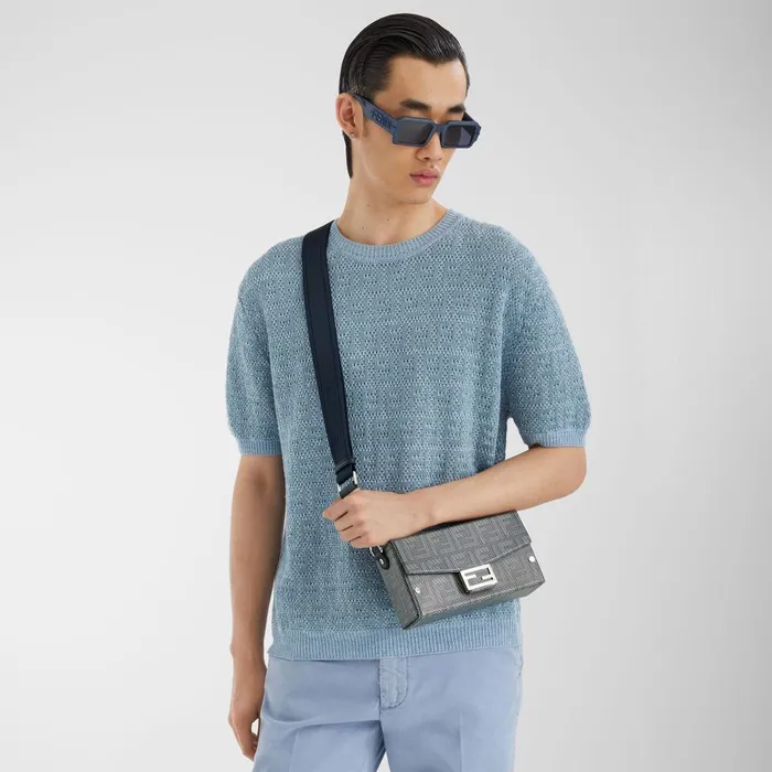 Fendi Knitwear Sweater Light Blue Linen Cotton And Silk Jumper 8211 Men