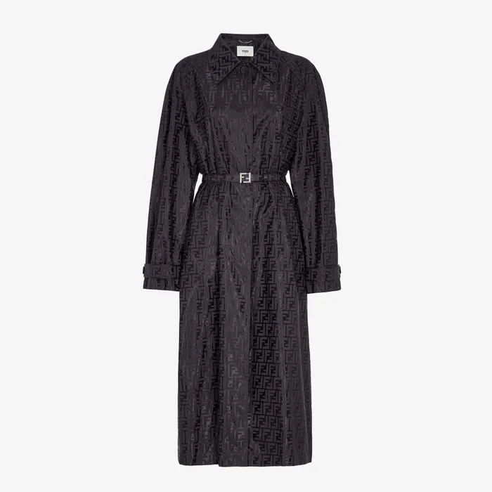 Fendi Outerwear Overcoat Black FF Jacquard Fabric Trench Coat 8211 Women