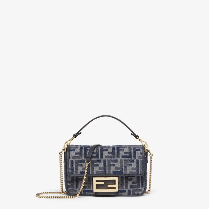 Fendi Shoulder and Crossbody Bags Baguette Mini Dark Blue FF Chenille Bag 8211 Women