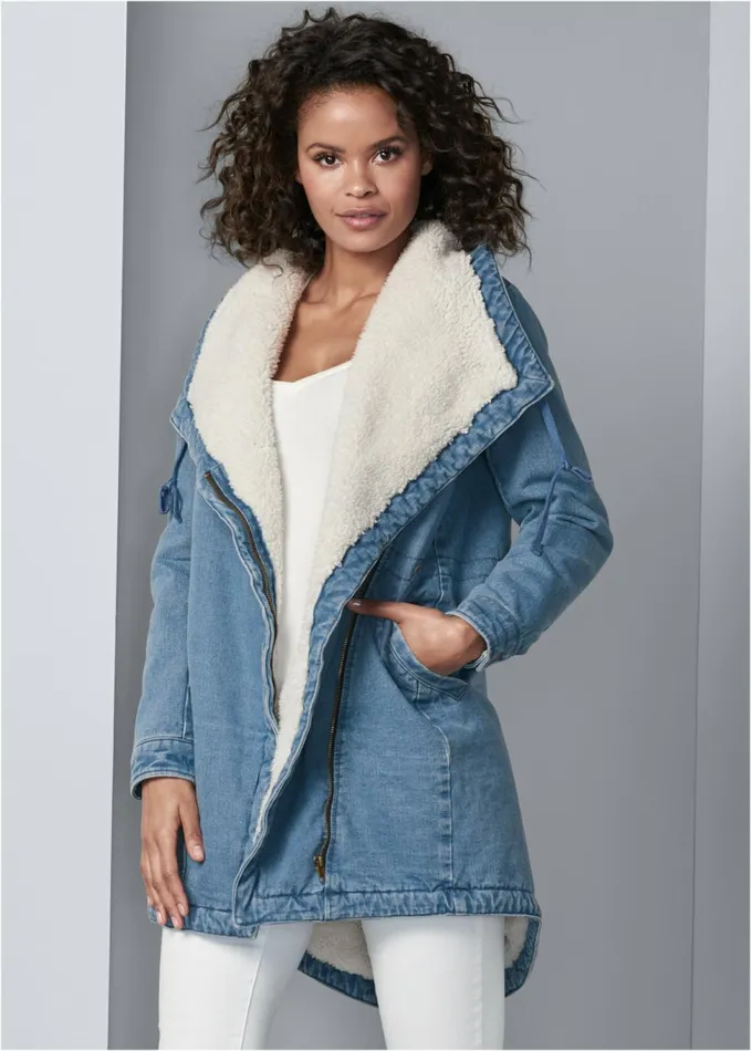 FLEECE LINED DENIM COAT Light Wash Women VENUS Denim