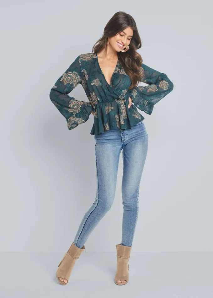 FLORAL PEPLUM TOP Teal Multi Women VENUS Night Out Tops