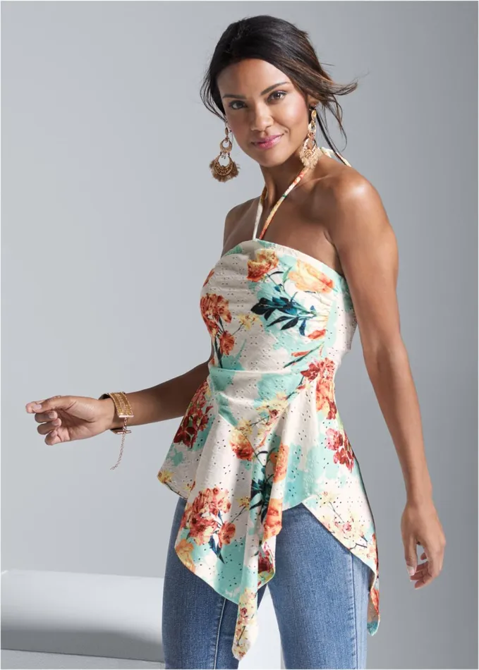 FLORAL PRINT EYELET TOP White Multi Women VENUS Night Out Tops