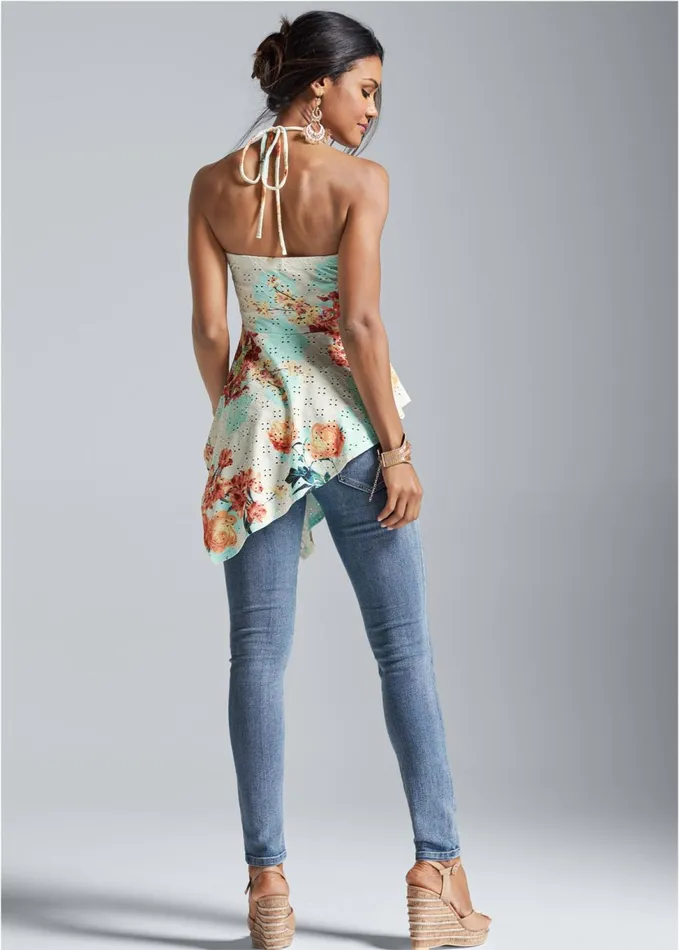 FLORAL PRINT EYELET TOP White Multi Women VENUS Night Out Tops