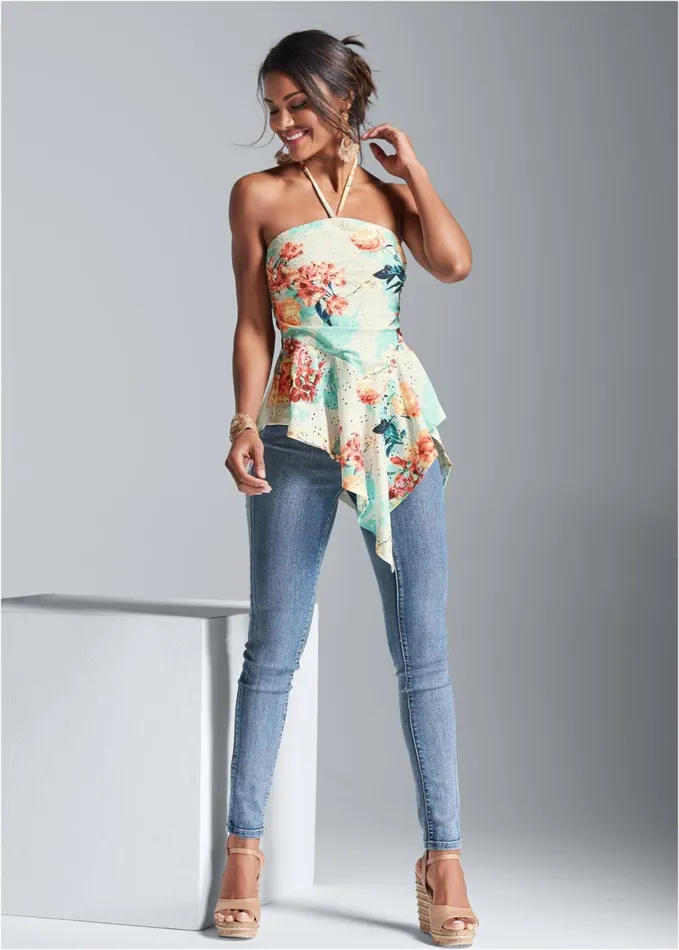 FLORAL PRINT EYELET TOP White Multi Women VENUS Night Out Tops