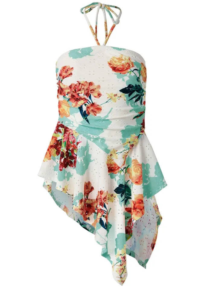 FLORAL PRINT EYELET TOP White Multi Women VENUS Night Out Tops