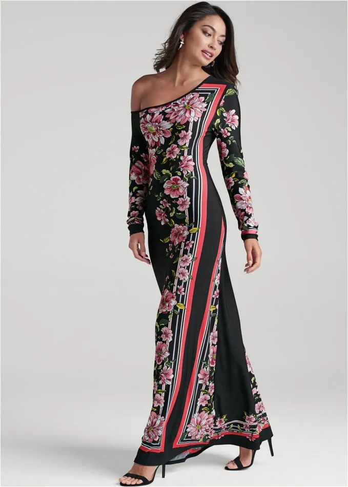 FLORAL PRINT LONG DRESS Black Multi Women VENUS Party Dresses