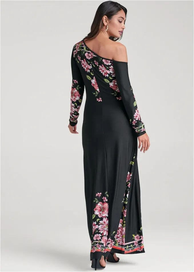 FLORAL PRINT LONG DRESS Black Multi Women VENUS Party Dresses