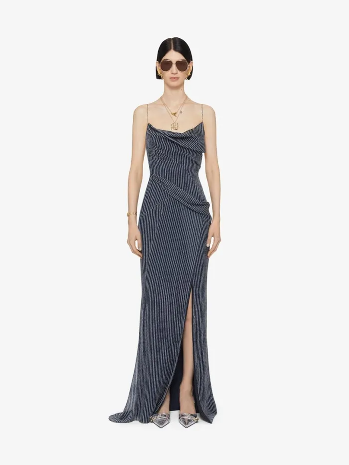 Givenchy Draped Polka Dots Dress In Silk Chiffon Navywhite Women Dresses