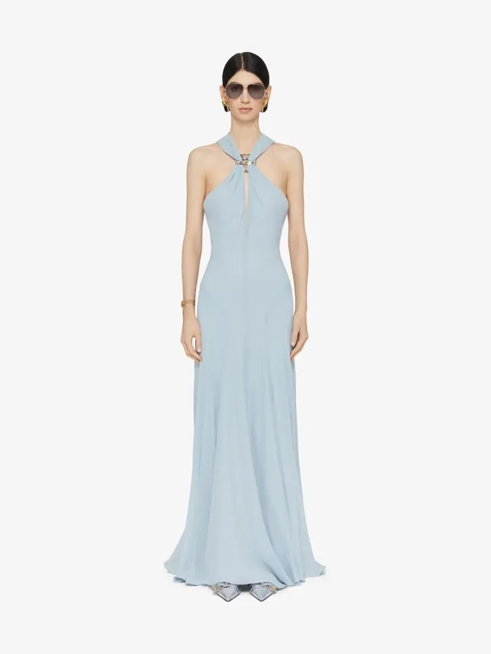 Givenchy Evening Dress In Silk With 4G Liquid Detail Ice Blue Women Dresses