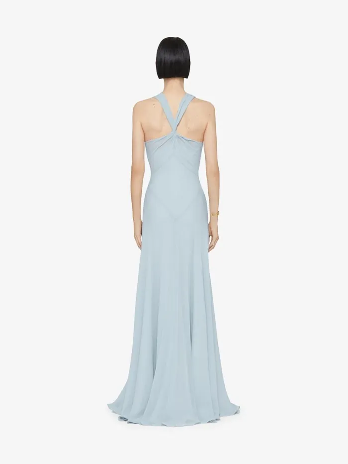 Givenchy Evening Dress In Silk With 4G Liquid Detail Ice Blue Women Dresses
