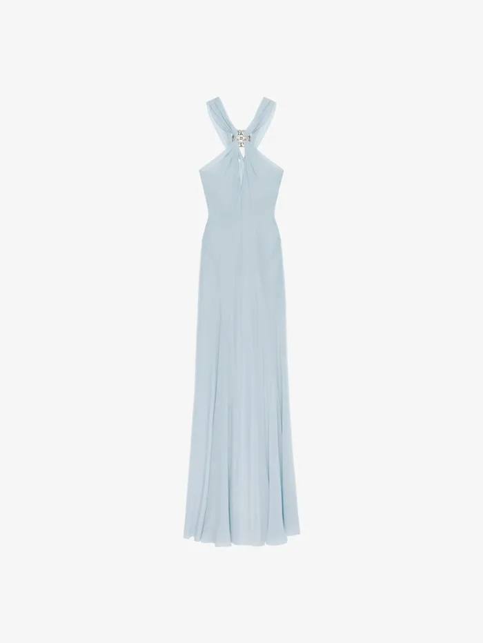 Givenchy Evening Dress In Silk With 4G Liquid Detail Ice Blue Women Dresses
