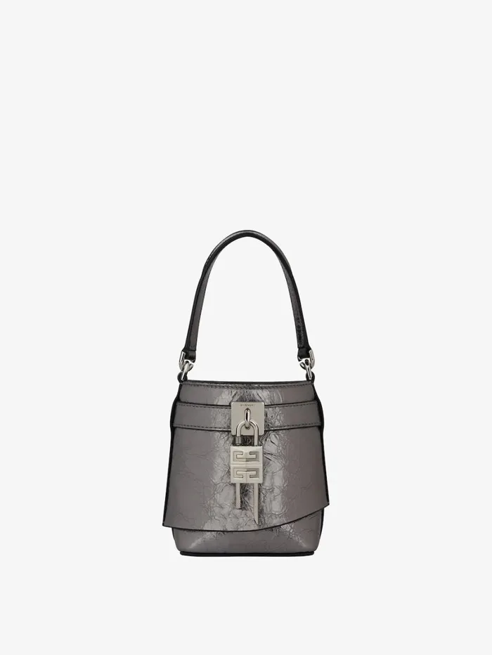 Givenchy Micro Shark Lock Bucket Bag In Laminated Leather Silvery Grey Women Crossbody Bags