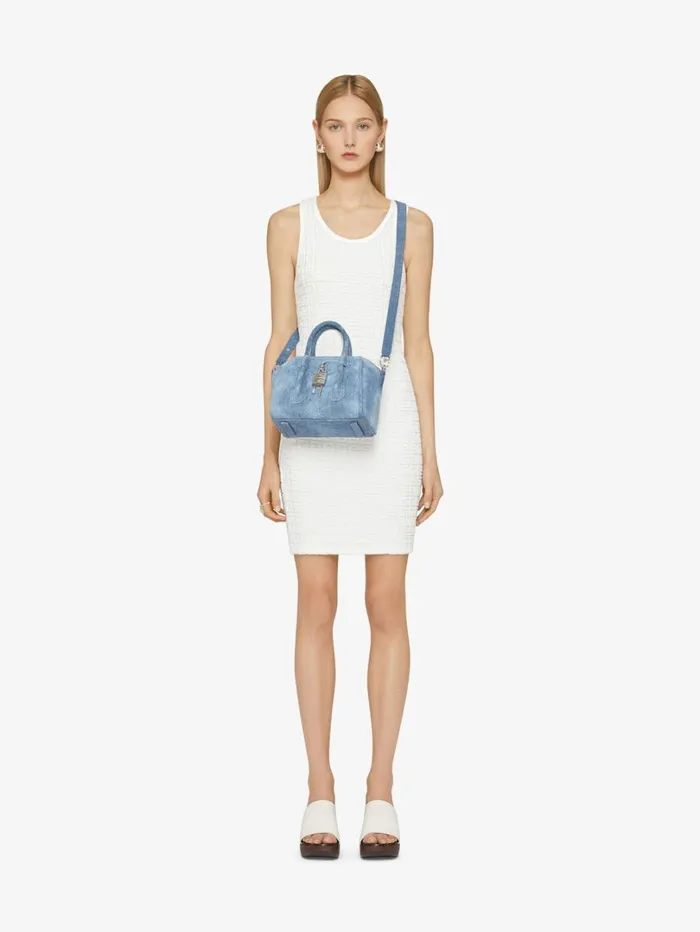 Givenchy Mini Antigona Lock Bag In Washed Denim Medium Blue Women Crossbody Bags