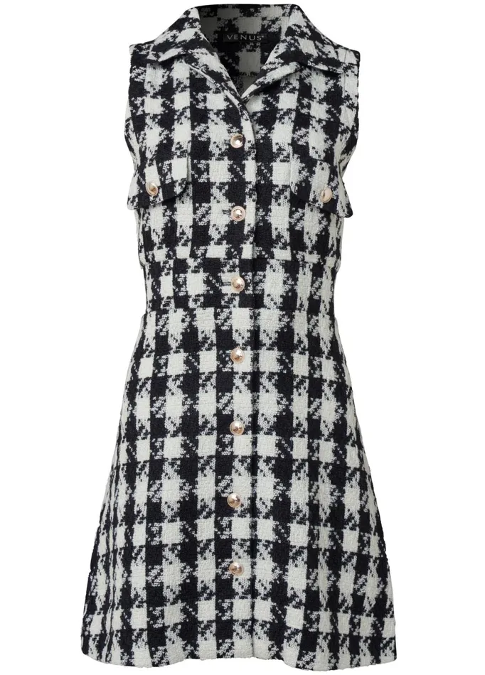 HOUNDSTOOTH ALINE DRESS Black and White Women VENUS Short Dresses