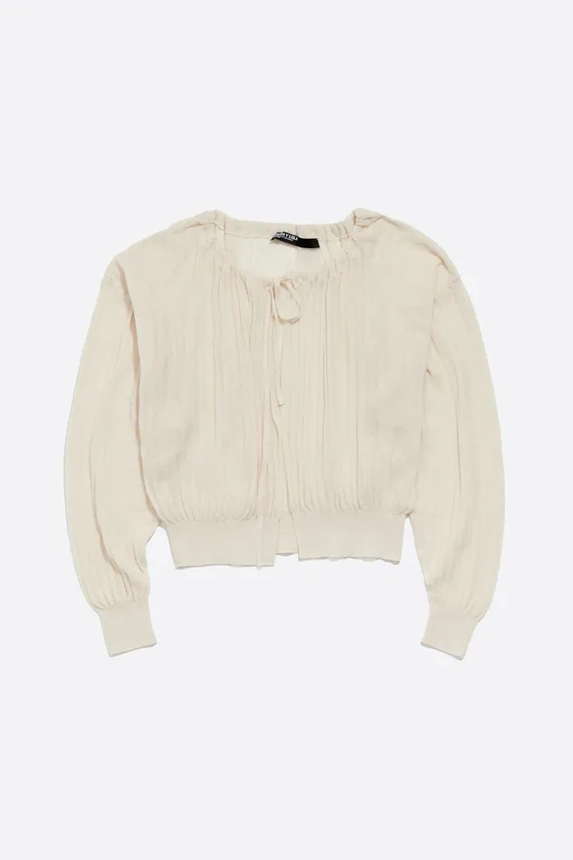 Ivory Ruched Cardigan With Ties Ivory Women Bimba Y Lola Knitwear Ivory Ruched Cardigan With Ties Ivory Women Bimba Y Lola Knitwear