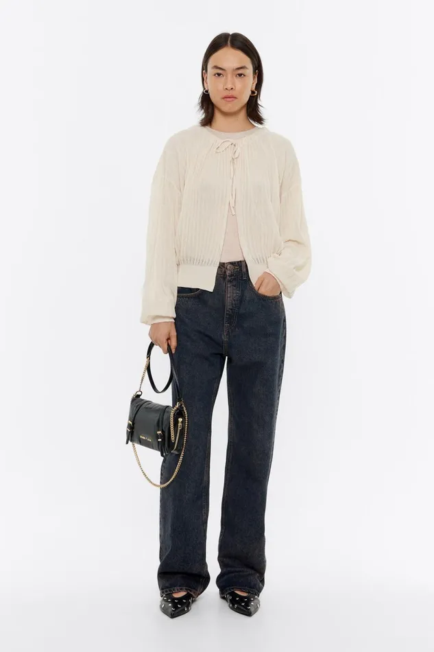 Ivory Ruched Cardigan With Ties Ivory Women Bimba Y Lola Knitwear Ivory Ruched Cardigan With Ties Ivory Women Bimba Y Lola Knitwear