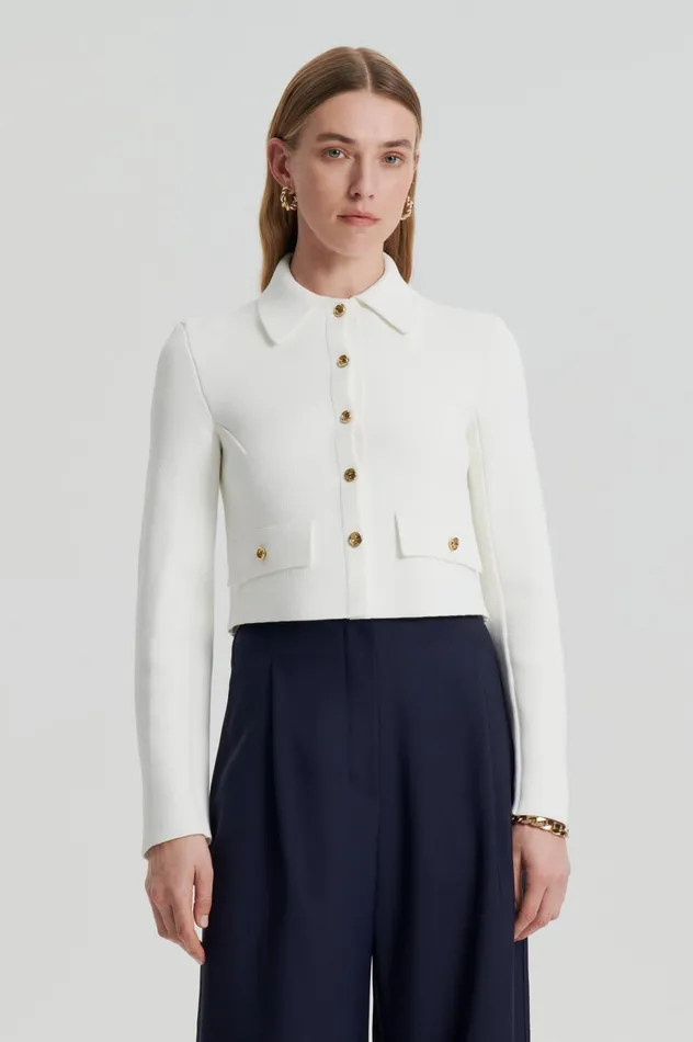 Jackets Women Scanlan Theodore CREPE KNIT CROP BUTTON JACKET Cream Gold Jackets Women Scanlan Theodore CREPE KNIT CROP BUTTON JACKET Cream Gold