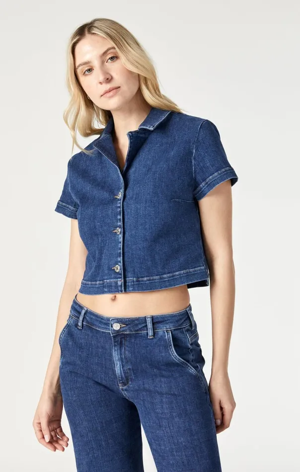 Keyla Crop Short Sleeve Shirt In Dark Feather Blue Women Mavi Jeans Shirts