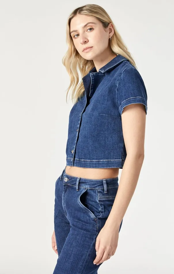 Keyla Crop Short Sleeve Shirt In Dark Feather Blue Women Mavi Jeans Shirts Keyla Crop Short Sleeve Shirt In Dark Feather Blue Women Mavi Jeans Shirts