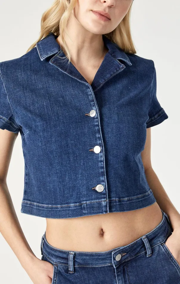 Keyla Crop Short Sleeve Shirt In Dark Feather Blue Women Mavi Jeans Shirts Keyla Crop Short Sleeve Shirt In Dark Feather Blue Women Mavi Jeans Shirts
