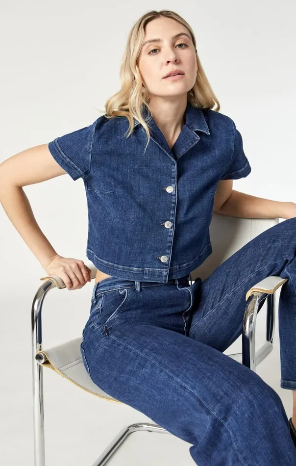 Keyla Crop Short Sleeve Shirt In Dark Feather Blue Women Mavi Jeans Shirts Keyla Crop Short Sleeve Shirt In Dark Feather Blue Women Mavi Jeans Shirts