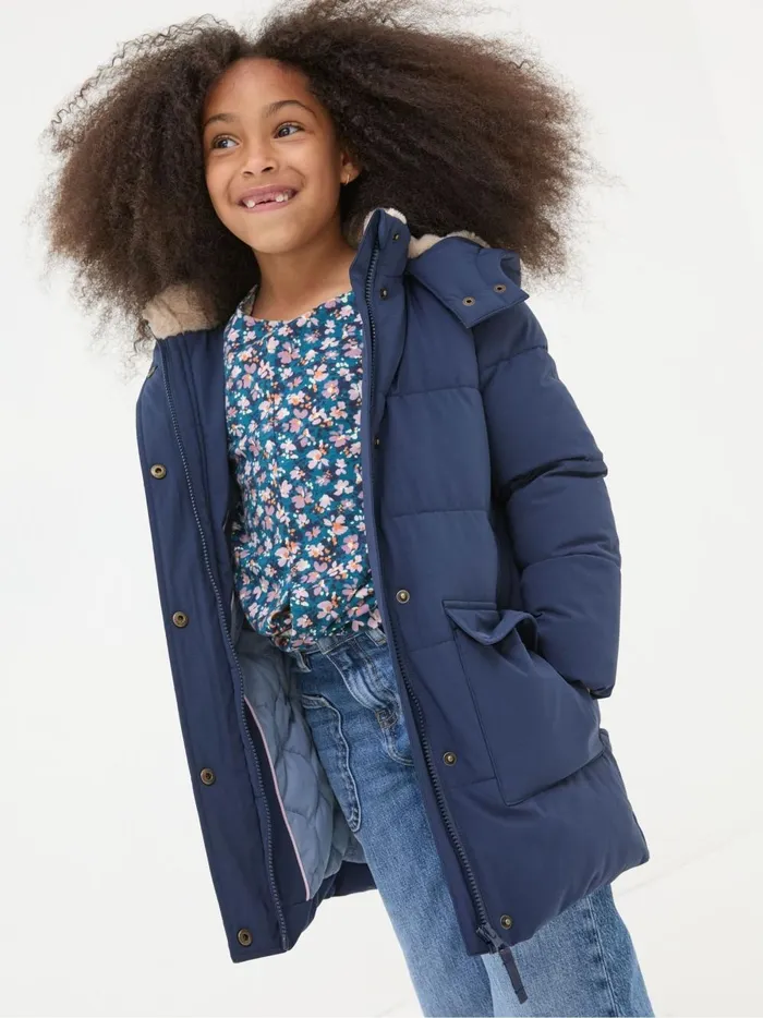 Kids Coats and Jackets Fat Face Letty Navy Blue Longline Padded Jacket