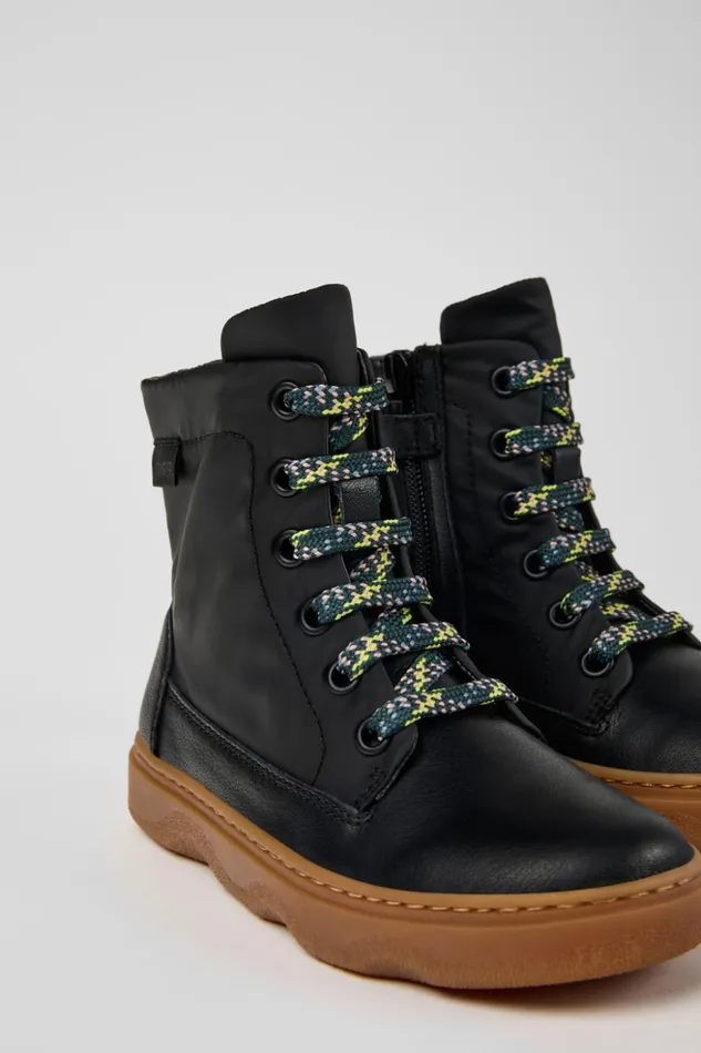 Kids Kiddo Black Leather And Textile Ankle Boots For Kids Camper Boots
