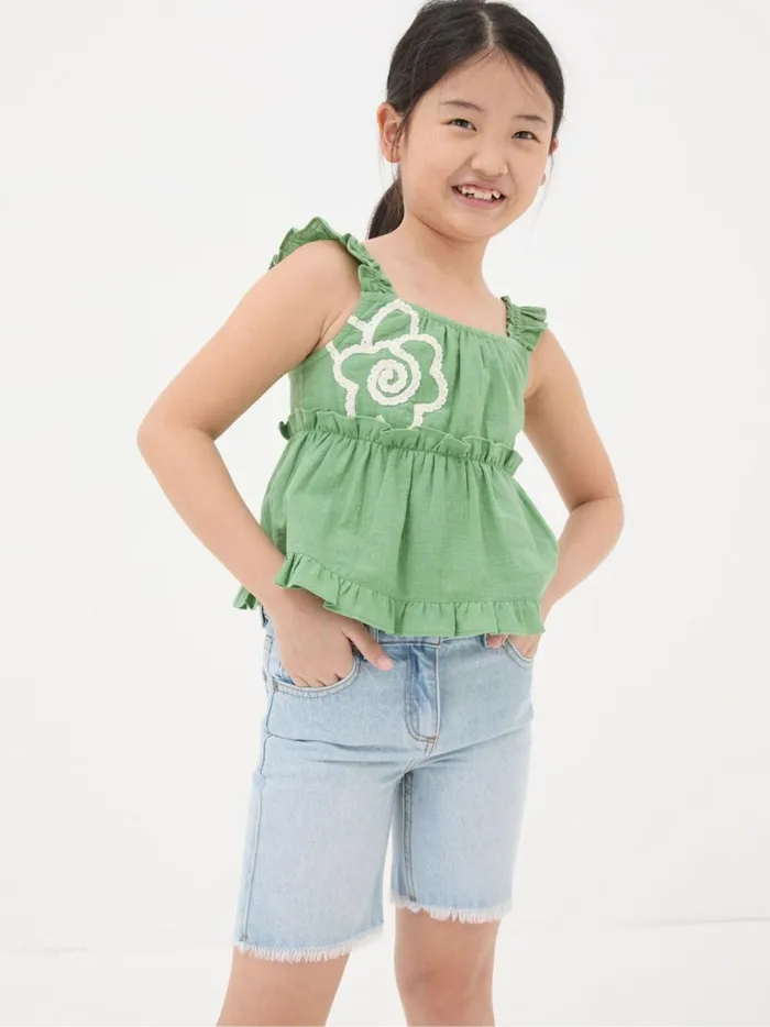 Kids Tops and TShirts Fat Face Green Floral Embroidered Cami Top