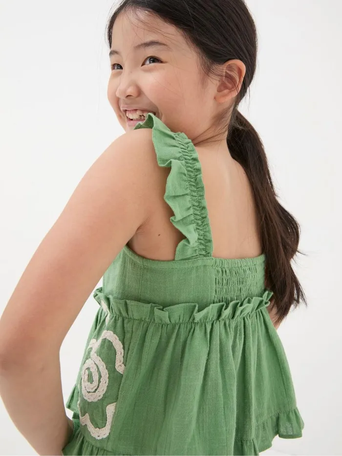 Kids Tops and TShirts Fat Face Green Floral Embroidered Cami Top