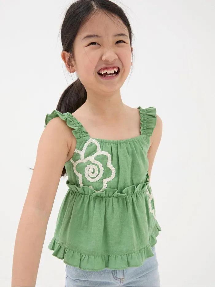 Kids Tops and TShirts Fat Face Green Floral Embroidered Cami Top