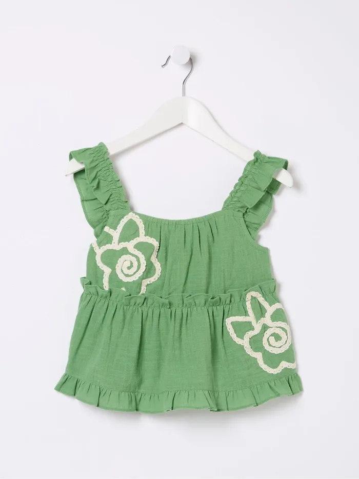 Kids Tops and TShirts Fat Face Green Floral Embroidered Cami Top