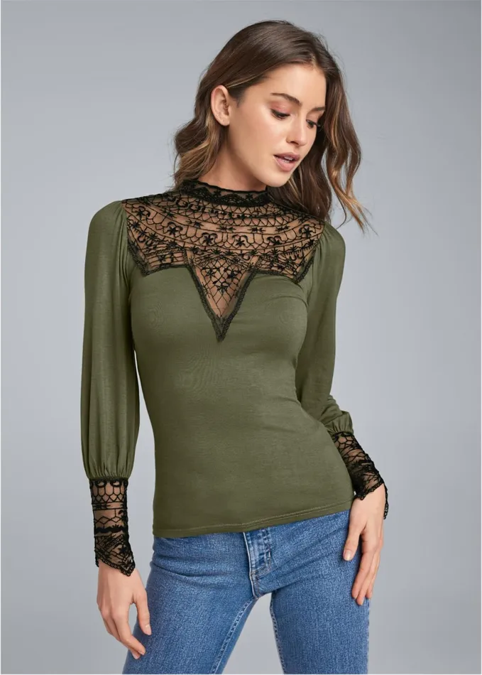 Lace Detail Mockneck Top Olive and Black Women VENUS Night Out Tops