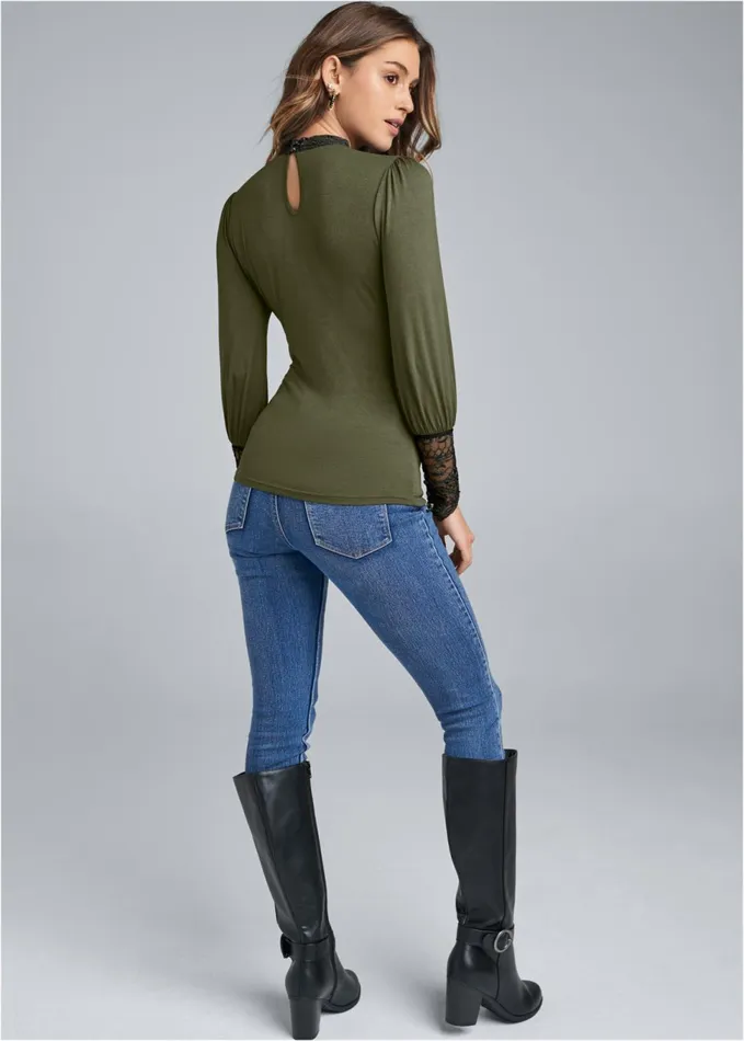 Lace Detail Mockneck Top Olive and Black Women VENUS Night Out Tops