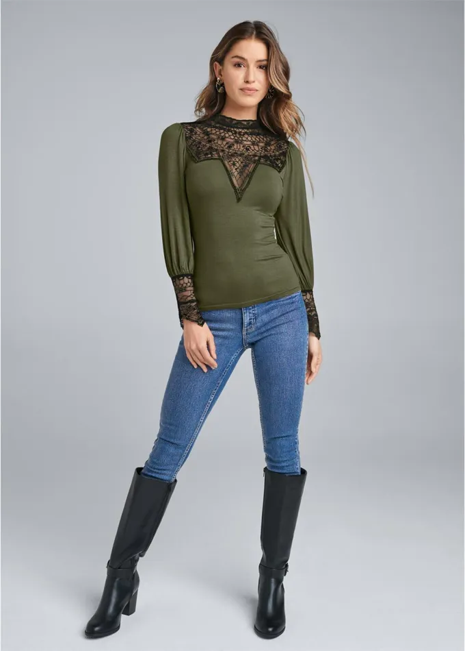 Lace Detail Mockneck Top Olive and Black Women VENUS Night Out Tops