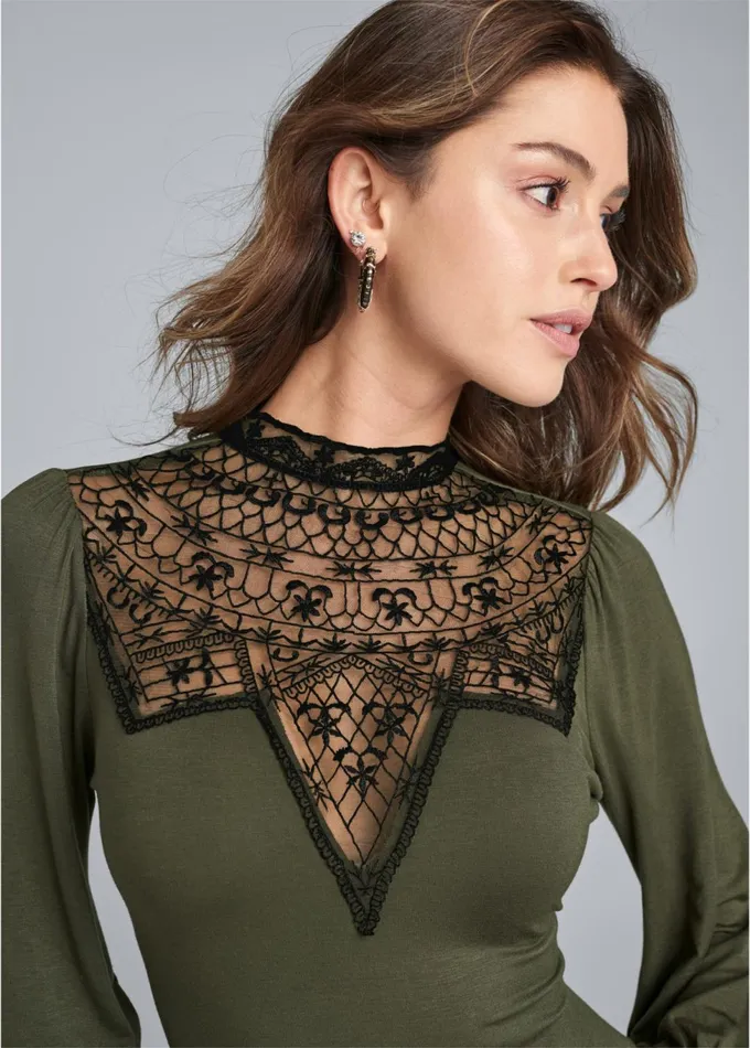Lace Detail Mockneck Top Olive and Black Women VENUS Night Out Tops