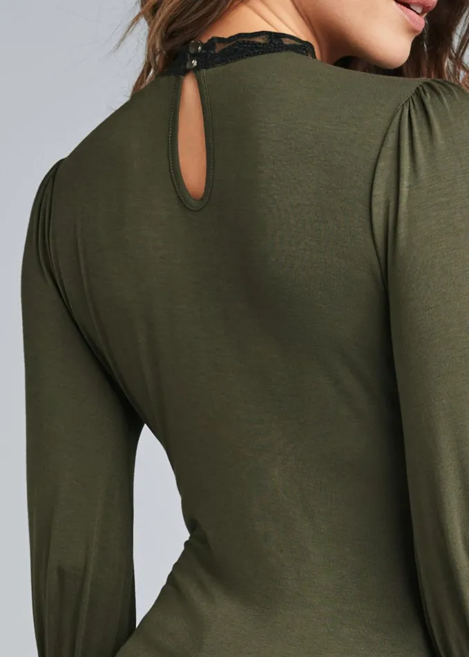 Lace Detail Mockneck Top Olive and Black Women VENUS Night Out Tops