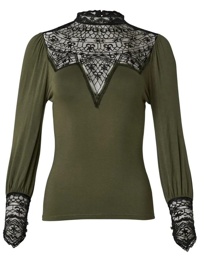 Lace Detail Mockneck Top Olive and Black Women VENUS Night Out Tops