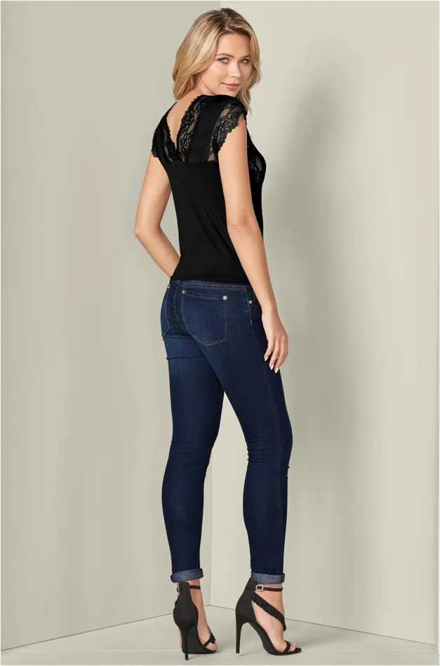 LACE INSET VNECK TOP Black Women VENUS Night Out Tops