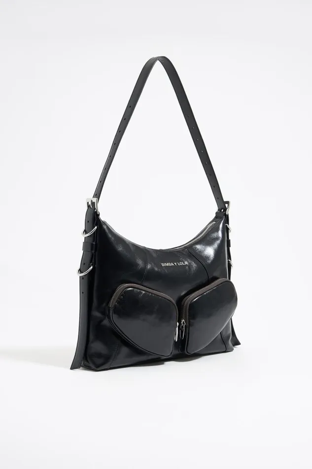Large Black Leather Pocket Slouch Bag Black Women Bimba Y Lola Shoulder Bags