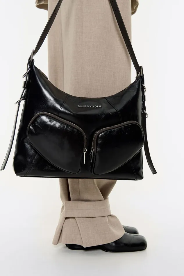 Large Black Leather Pocket Slouch Bag Black Women Bimba Y Lola Shoulder Bags Large Black Leather Pocket Slouch Bag Black Women Bimba Y Lola Shoulder Bags