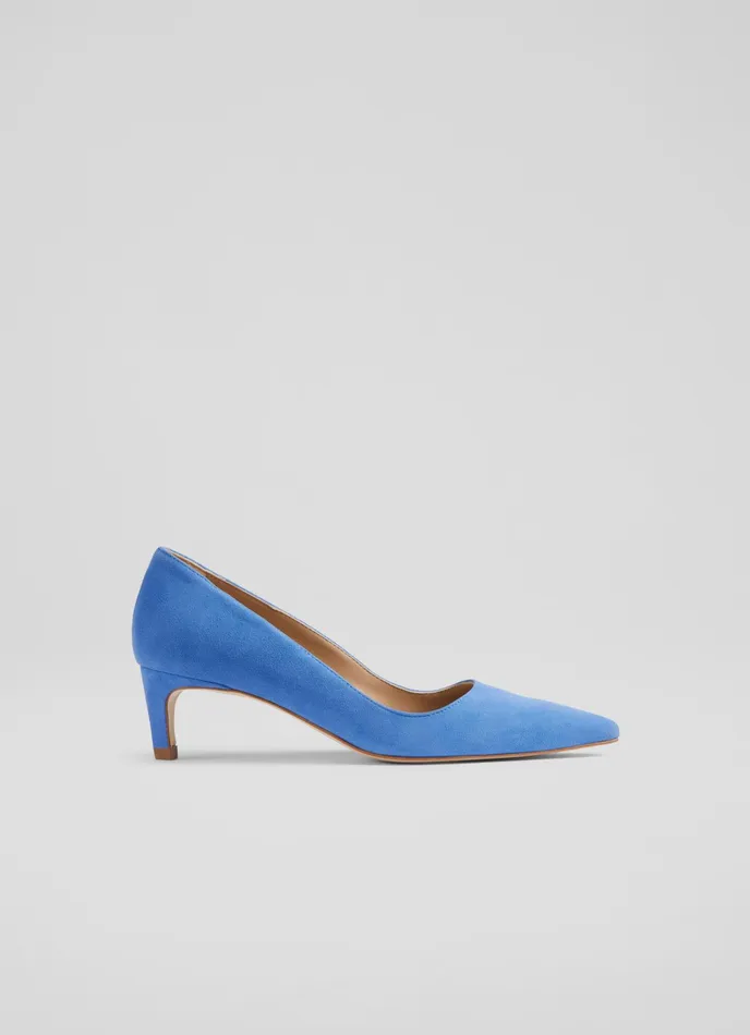 LK Bennett Ava Blue Suede Kitten Heel Courts Women Court Shoes